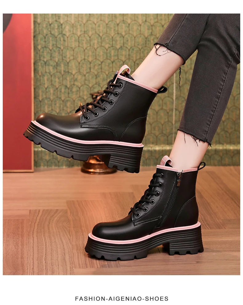 Women Shoes Boots Ankle 2022 New Autumn British Wind Genuine Leather Thick With Fur Ladies Short Boots Motorcycle heels boots