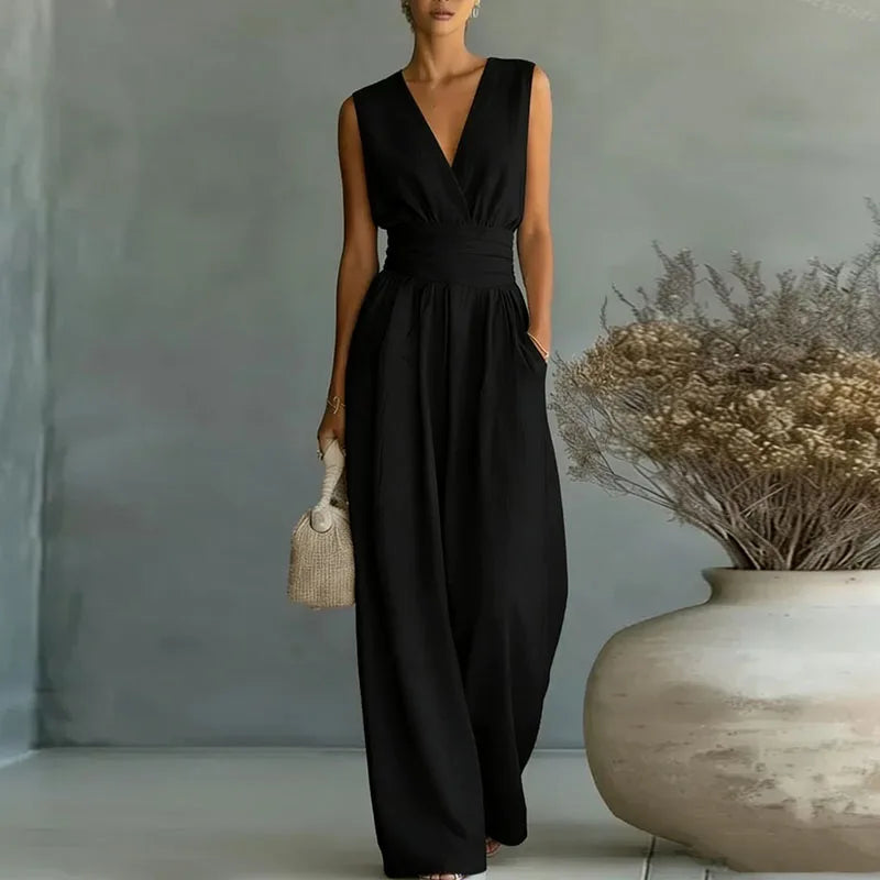OL Style Solid High Waist Draped Jumpsuits Woman 2026 Spring V Neck Wide Leg Trousers Overalls Casual Half Sleeve Rompers Outfit