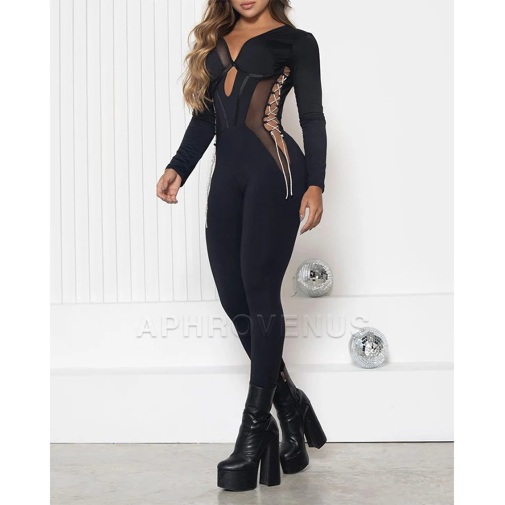 Sexy Streetwear Hollow Out Skinny Jumpsuit Long Sleeve One Piece Suit Rompers Casual Jumpsuits Women Club Party Clothes