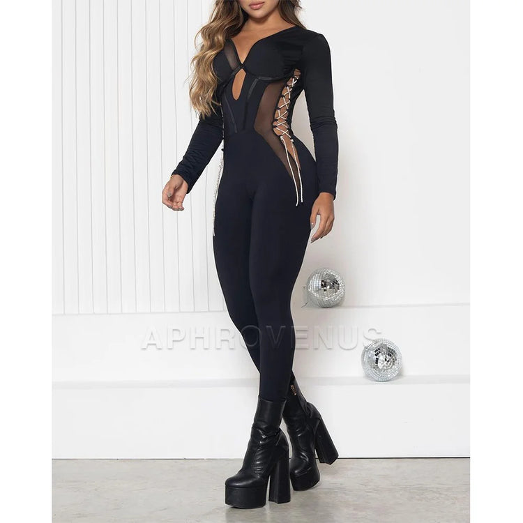 Sexy Streetwear Hollow Out Skinny Jumpsuit Long Sleeve One Piece Suit Rompers Casual Jumpsuits Women Club Party Clothes