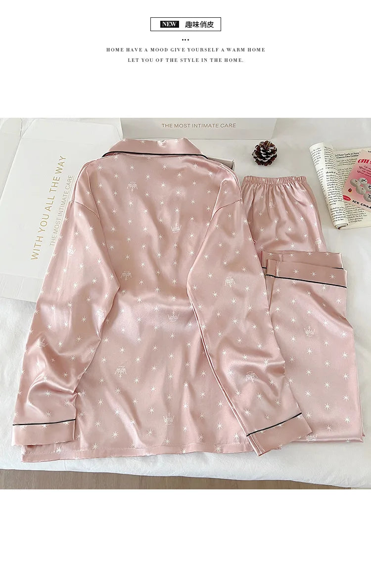 Japanese-Style Cute Girl Star Print Ice Silk Nightwear Women's Spring and Autumn Long-Sleeved Long Pants Homewear Actual Photo