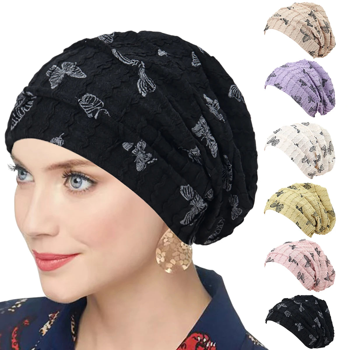 Butterfly Print Women Turban Indian Hat Muslim Hijab Bonnet Hair Loss Headscarf Chemo Cap Headwear Bandanas Turbante Mujer