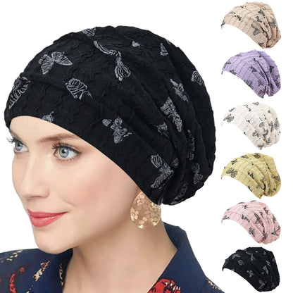 Butterfly Print Women Turban Indian Hat Muslim Hijab Bonnet Hair Loss Headscarf Chemo Cap Headwear Bandanas Turbante Mujer