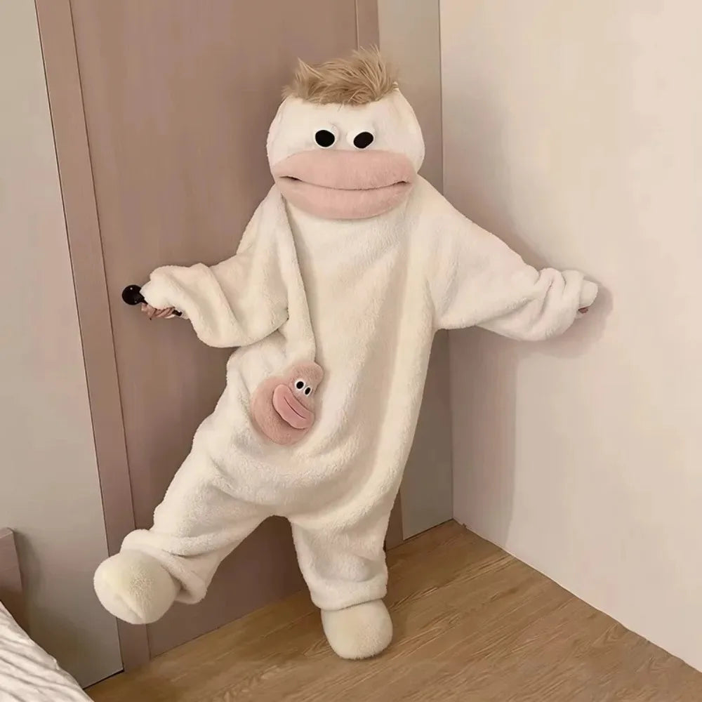Cute Big Mouth Monster Onesie Pajamas Thick Coral Fleece Homewear Funny Couple Sleepwear for Men Women Autumn Winter Lounge Wear