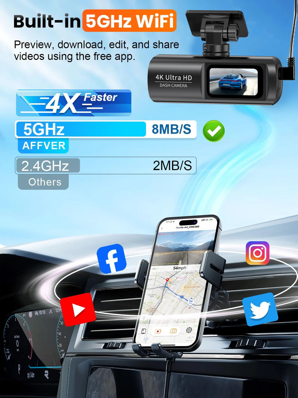 Dash Cam 4K Dual Lens Recording Car Camera DVR Night Vision Video Recorder Built-In Wi-Fi Support 24H Parking Monitoring Black Box Free 64GB Card