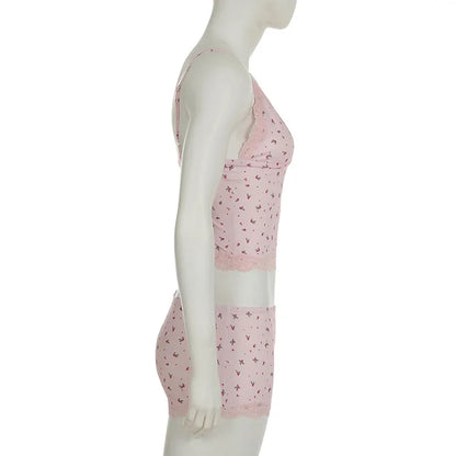 Summer Two-piece Pajamas Set for Women Sleepwear  Floral Lace Pink Sleeveless Camisoles and Slim Shorts Loungewear