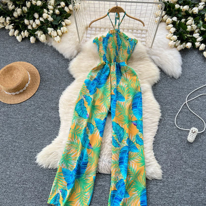 2024 New Summer Sexy Bohemian Leaf Print Jumpsuits Women Sleeveless Sexy Long Jumpsuit Mujer Casual Holiday Beach Rompers