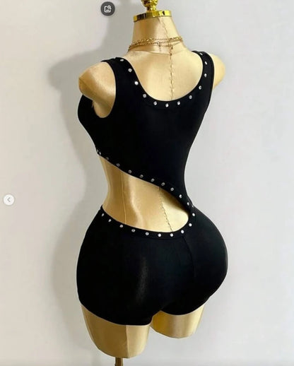STYLISH LADY Cut Out Lace Up Playsuits 2025 Summer Women Sleeveless O Neck Bodycon Black Sexy Club Party Rompers