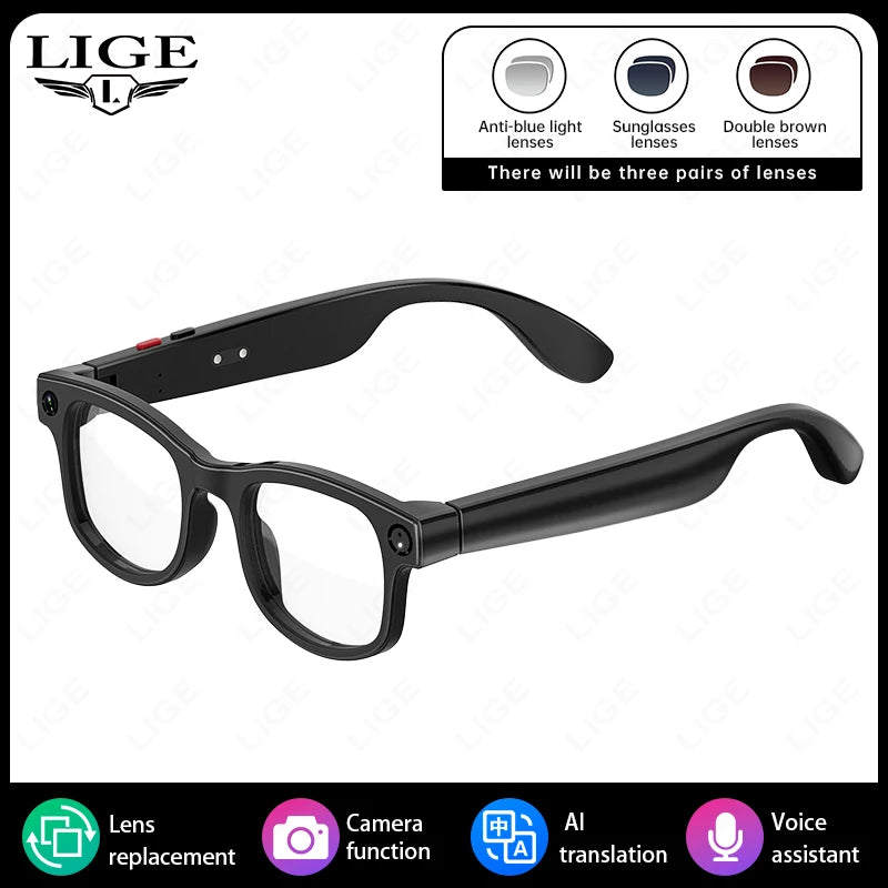 LIGE New Smart Glasses 500W Camera HD Video Recording Bluetooth Call Glasses AI Smart Translation Sunglasses WiFi Transmission