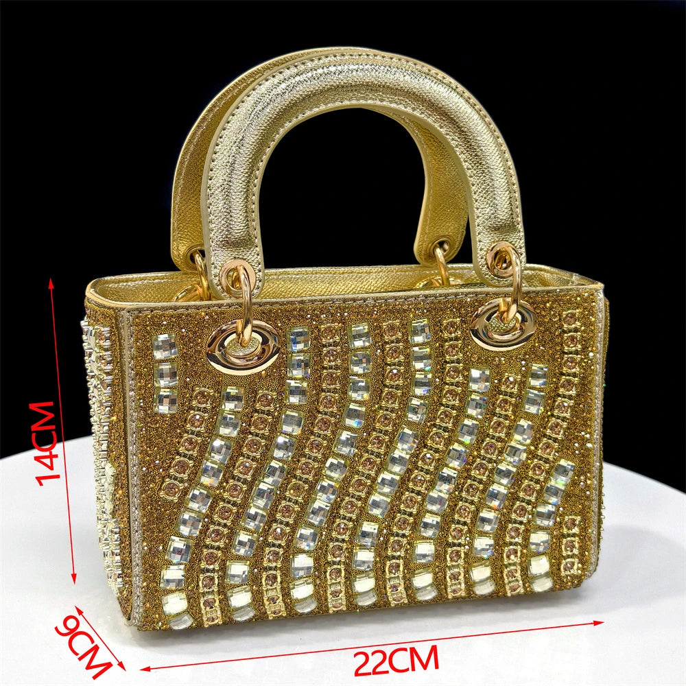 2025 Shiny Italian Fashion Pointed Toe Women Heel Fashion Rhinestone Decoration Fuchsia Color Shoes And Bag Set