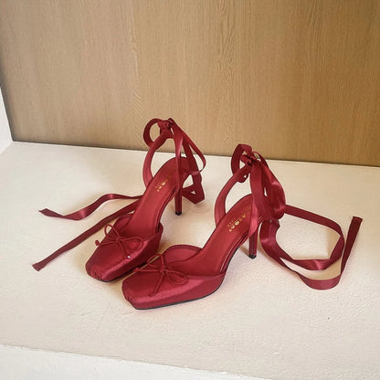 French Ballet Style Satin Closed Toe Mary Jane Pumps Lace Upper Multi-Layer Bow Cross Ankle Strap Thin Stiletto Elegant Wedding
