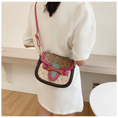 Women Retro Print Saddle Crossbody Bag Luxury Horse Bit Buckle Small Shoulder Bag Fashion PU Leather Ladies Daily Handbag