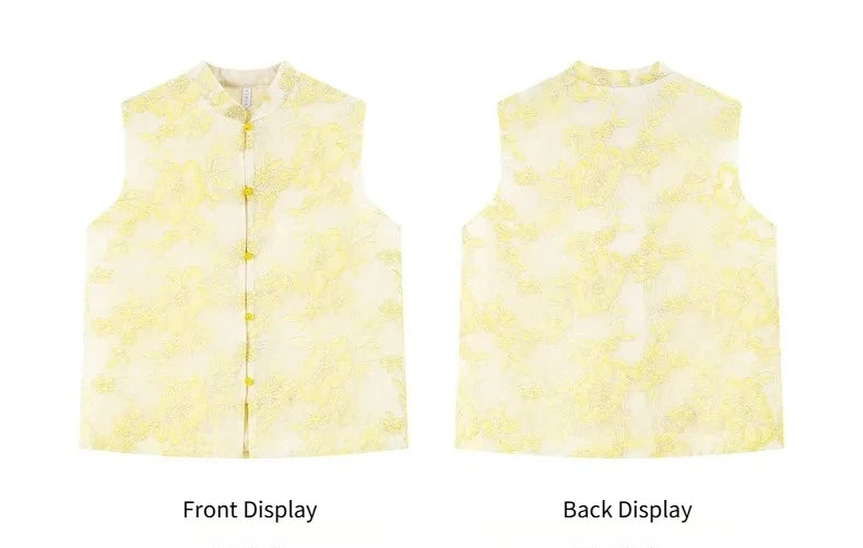 VIMLY Women's Vest 2026 Summer Casual Yellow Floral Embroidery Stand Collar New Chinese Style Sleeveless Jacket Ladies A5251