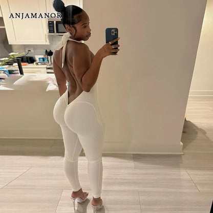 ANJAMANOR Halter Backless Bodycon Jumpsuits Sexy Clubwear Woman Catsuit White Black One Piece Outfit Summer 2026 D87-CE35