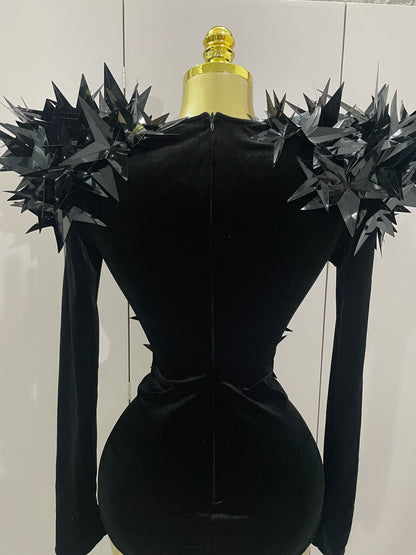 2025 New Shiny Black Rhinestone Velvet Long Sleeve Bodysuit Women Evening Party Club Gala Hosts NightClub Bar Stage Costumes