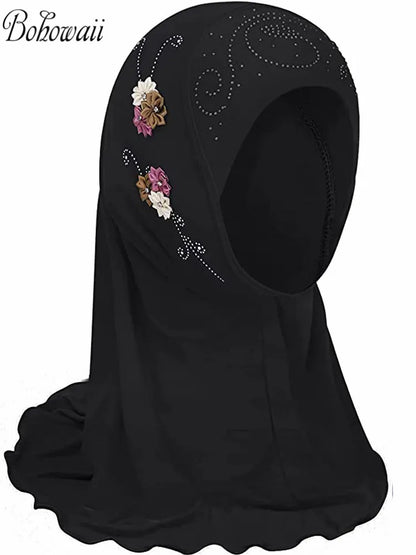 BOHOWAII Kids Girls Muslim Instant Hijab Ready To Wear Islamic Shawls Turban with Flowers Scarfs Jersey Head Wrap (2-7 Y)