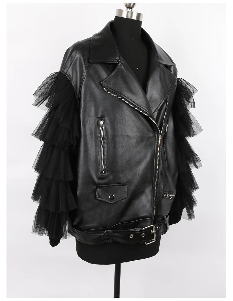 Nerazzurri Spring Autumn Loose Black Faux Leather Jacket Women with Lace Long Sleeves Zipper Belt Luxury Elegant Fashion 2022