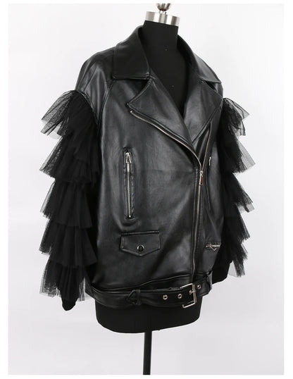 Nerazzurri Spring Autumn Loose Black Faux Leather Jacket Women with Lace Long Sleeves Zipper Belt Luxury Elegant Fashion 2022
