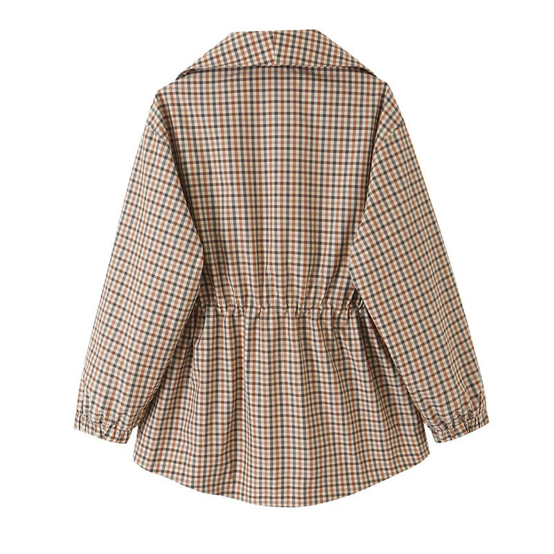 Women Casual Plaid Short Trench Coat Lapel Double Breasted Belted Waist Loose Long Sleeve Checkered Jacket Autumn Windbreaker