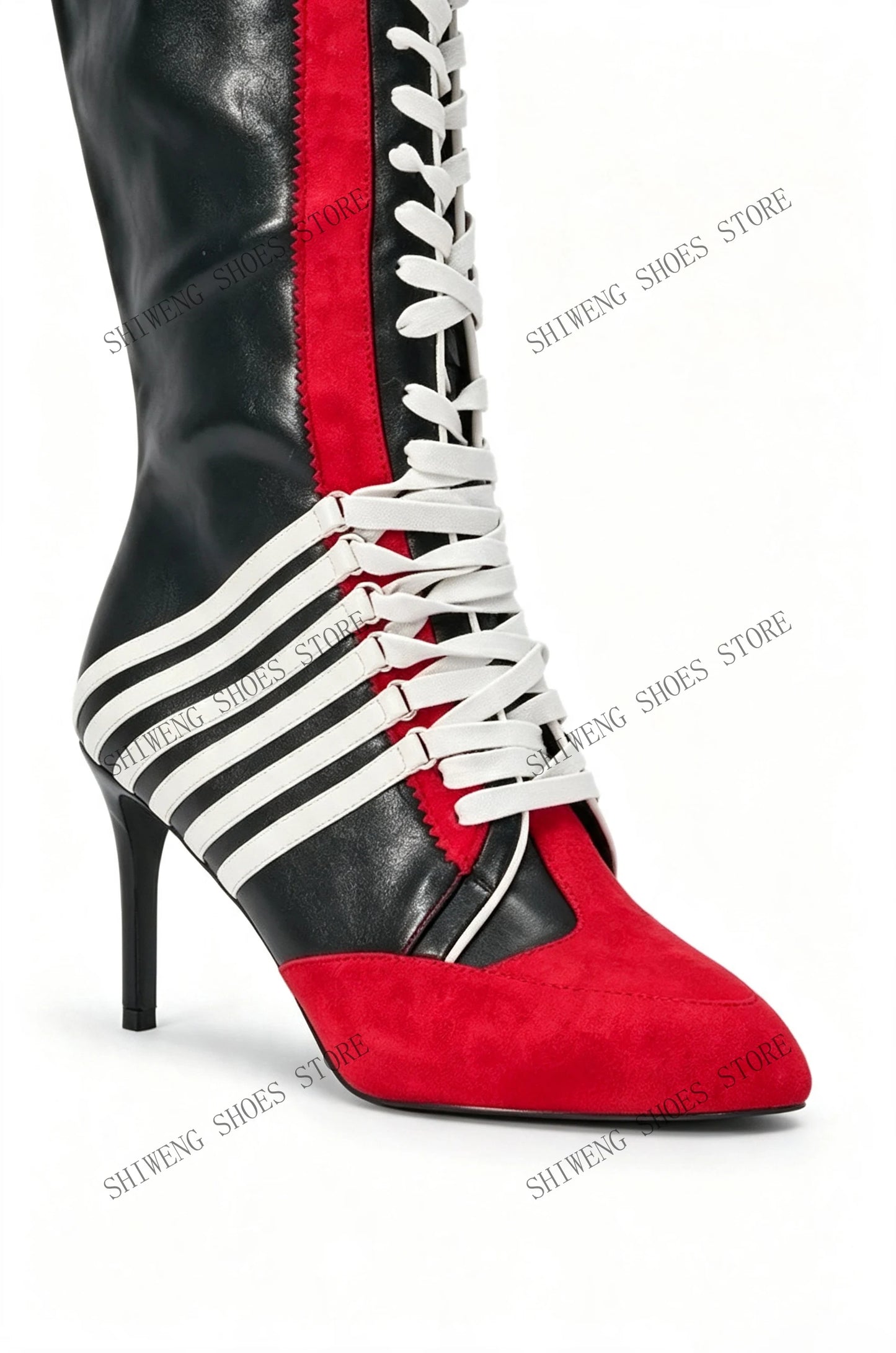 2026 New Black Red Color Block Striped Knee High Boots Women Full Lace Up Thin Stiletto High Heel Fashion Streetwear Long Boots
