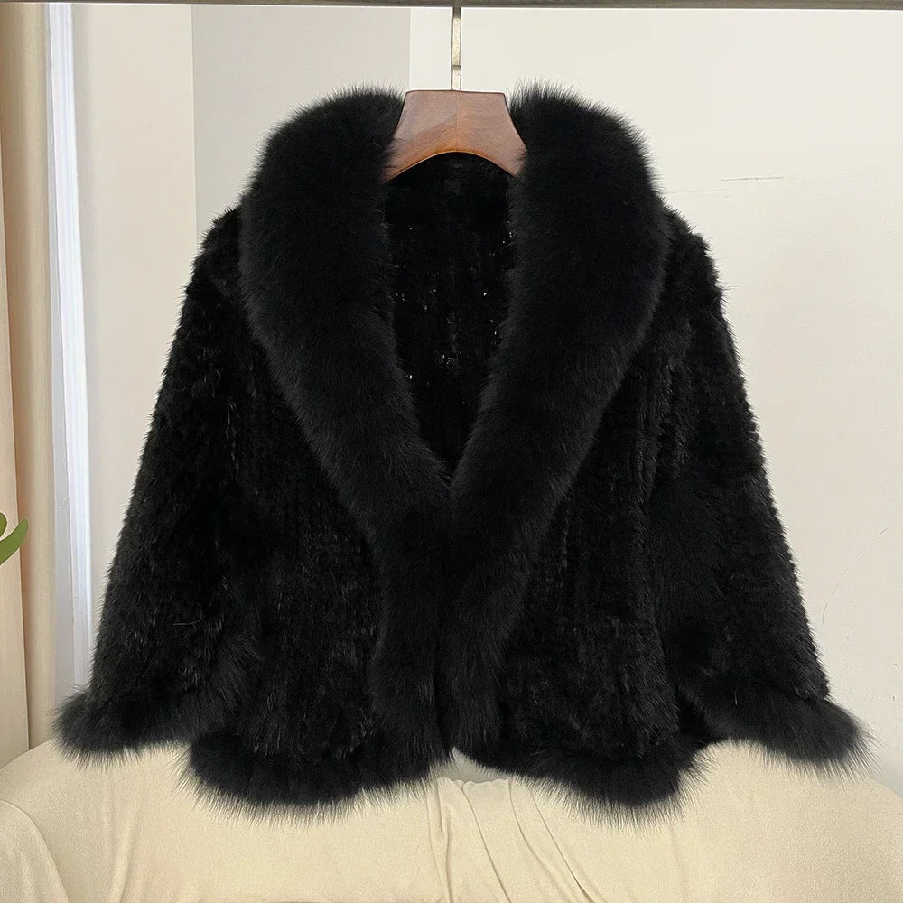 Real Mink Fur coat Women Autumn Winter Shawl Fashion Knitted Genuine Mink Fur jacket Cape Scarf Natural Fox Fur Collar Cloak