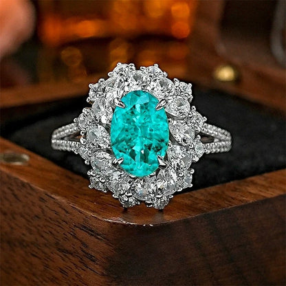 S925 Silver Ring 2ct Neon Blue Green Zircon Ring Double Layer Surrounding Luxury Women's Jewelry