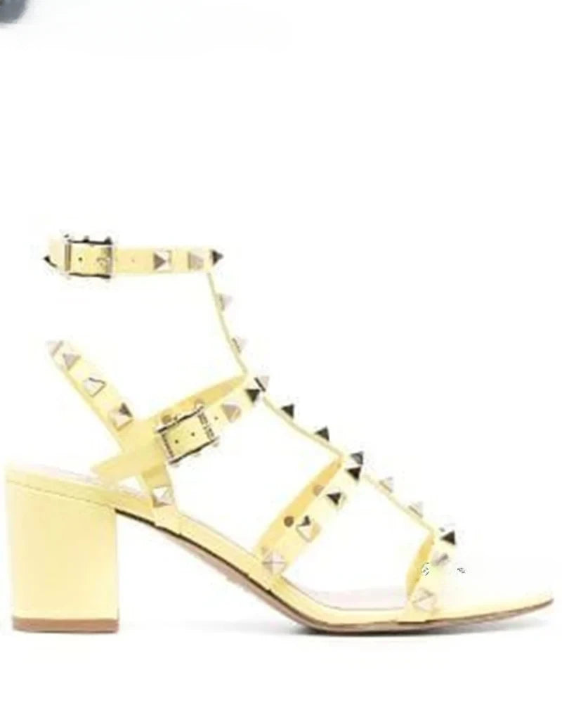 Rockstud Open Toe Block Heel Sandals Luxury Designer Ankle Straps Chunky Heels Women Summer Colorful Leather Pumps Dress Shoes