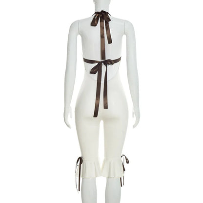 Summer Lace Up Halter Bow Y2K Jumpsuit Women Sexy V Neck Backless Bandage Skinny Party Club Rompers Beach Holiday Overall Outfit