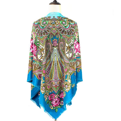 Russian Women Big Size Square Scarf Luxury Floral Print Bandana Wraps Female Retro Short Tassel National Shawl