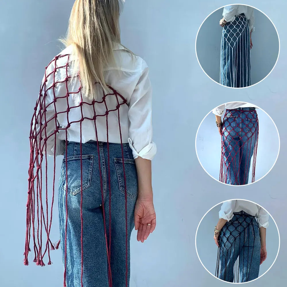 Bohemian Bikini Cover Up Skirt Netted Fringe Scarf Shawl Decorative Tassel Ethnic Handwoven Mesh Tassel Waistband Butt Curtain