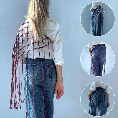 Bohemian Bikini Cover Up Skirt Netted Fringe Scarf Shawl Decorative Tassel Ethnic Handwoven Mesh Tassel Waistband Butt Curtain