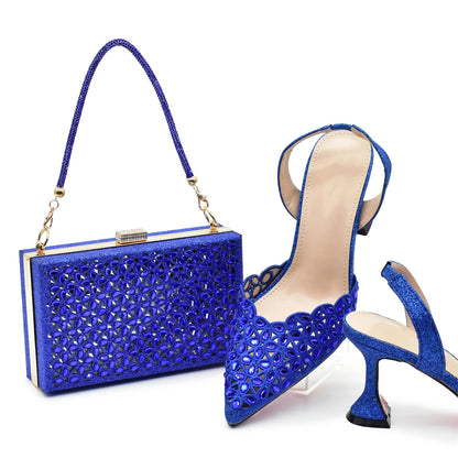 New Arrival Shoe and Bag Set Italian Design Nigeria Party Shoes and Bags for Women Rhinestone Luxury High Heels Woman Pumps