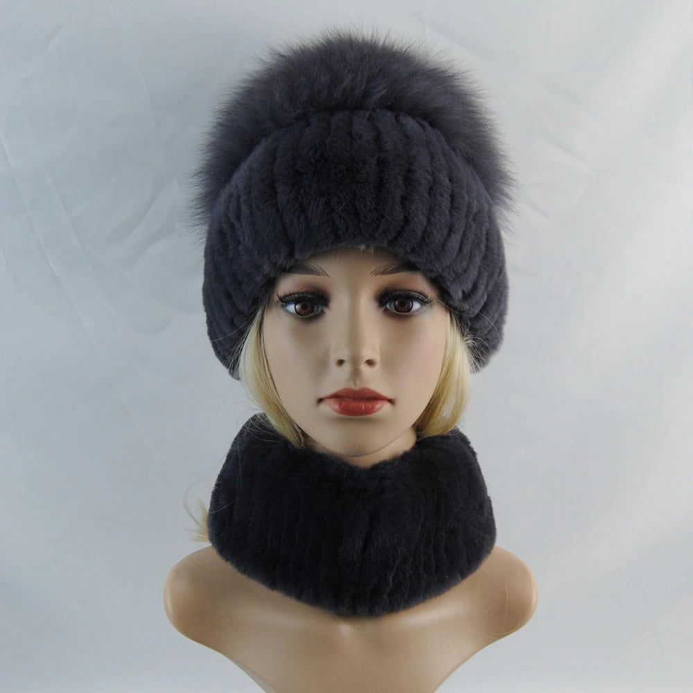 New Winter Lady Brand Hand Make Real Genuine Fox Fur Hat Scarf Girls Natural Real Rex Rabbit Fur Ring Cap Real Fur Scarves Hats
