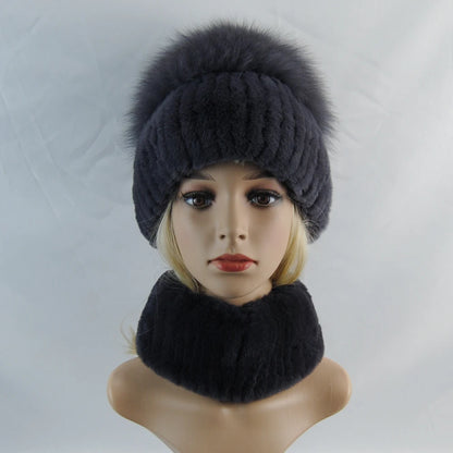 New Winter Lady Brand Hand Make Real Genuine Fox Fur Hat Scarf Girls Natural Real Rex Rabbit Fur Ring Cap Real Fur Scarves Hats
