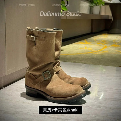 Leather Motorcycle Boots Men Women Engineer Shoes American Retro Khaki Suede Mid Calf motorcycle boots men motorcycle boots