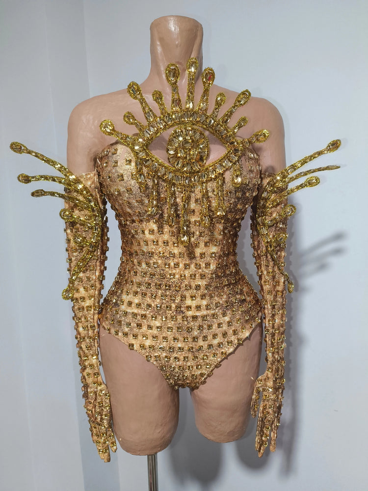 Sexy Sparkly Golden Rhinestones Eyes Stretch Bodysuit Women Eveing Birthday Party Nightclub Bar Singer Dancer DJ Stage Costume