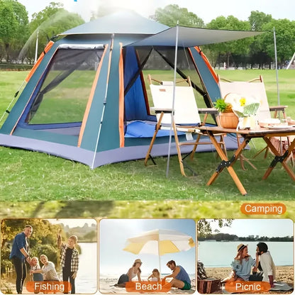 Automatic Open Camping Tent Waterproof Sun-Protection Beach Camping Tent Foldable Anti-UV Shade 3-6 People Outdoor Family Tents