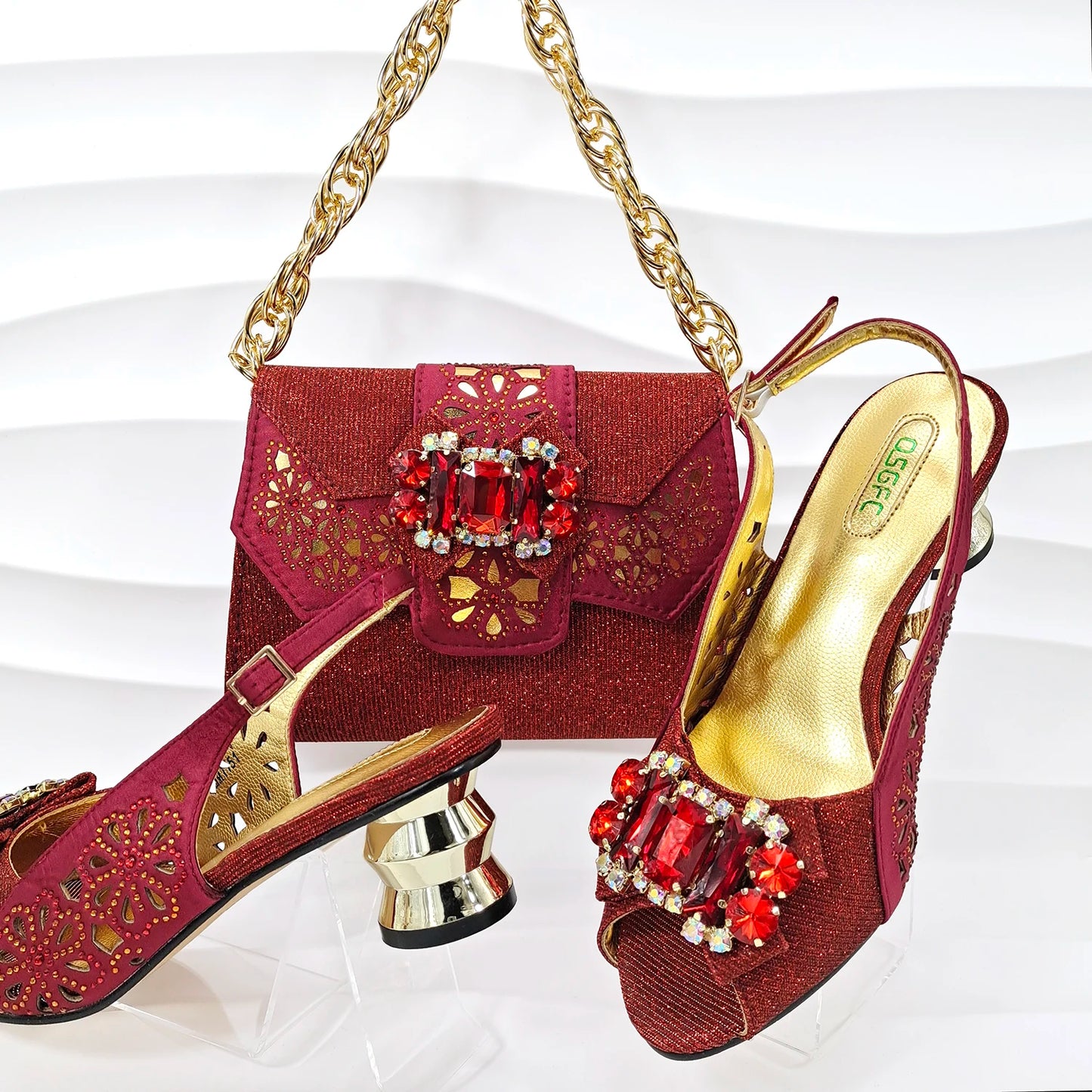New Lady Style Shoes and Bag Set Round Heels Nigerian Fashion Diamond Decorated Women's High Heels Bag 5.5cm
