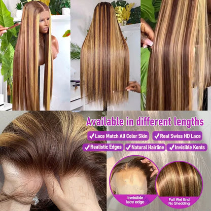 4/27Highlight Straight Lace Front Wig Human Hair 13x6 Lace Frontal Wigs Brazilian Honey Blonde Colored Wigs Remy 100% Human Hair