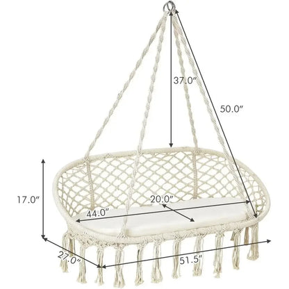 2-Seat Hammock Chair with Cushion, Cotton Ropes, and Metal Stand,440 lbs, Ideal for Indoor or Outdoor Swinging