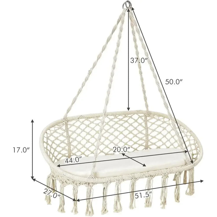 2-Seat Hammock Chair with Cushion, Cotton Ropes, and Metal Stand,440 lbs, Ideal for Indoor or Outdoor Swinging