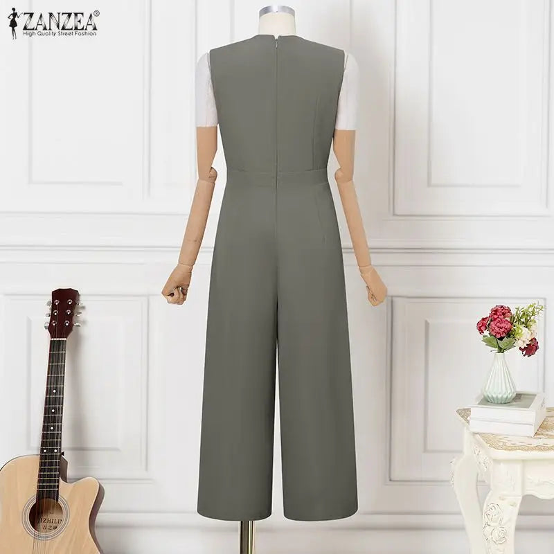 ZANZEA Women Jumpsuits Solid Sleeveless V Neck Rompers Elegant Office Ladies Clothing European Bottoms Pockets Casual Overalls
