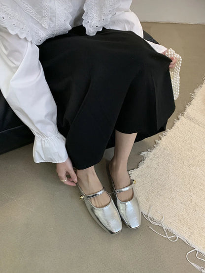 Soft Leather 2025 Ins Silver Buckle Strap Casual Shoes Fashion Flats Elegant Glitter Metallic Mules Shoes Cover Toe Slippers
