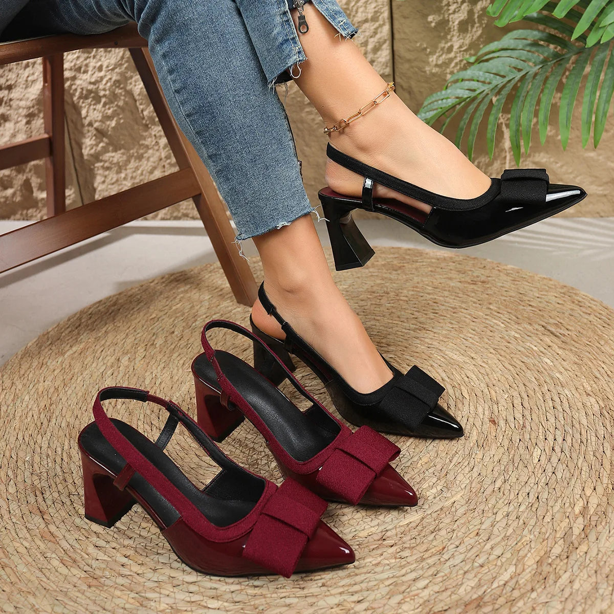luxury Patent Leather Heeled Sandals Women Bow Slingback Shoes Elegant Cozy Banquet Dress Shoes