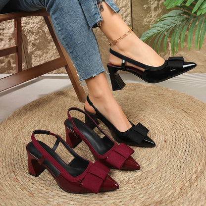 luxury Patent Leather Heeled Sandals Women Bow Slingback Shoes Elegant Cozy Banquet Dress Shoes