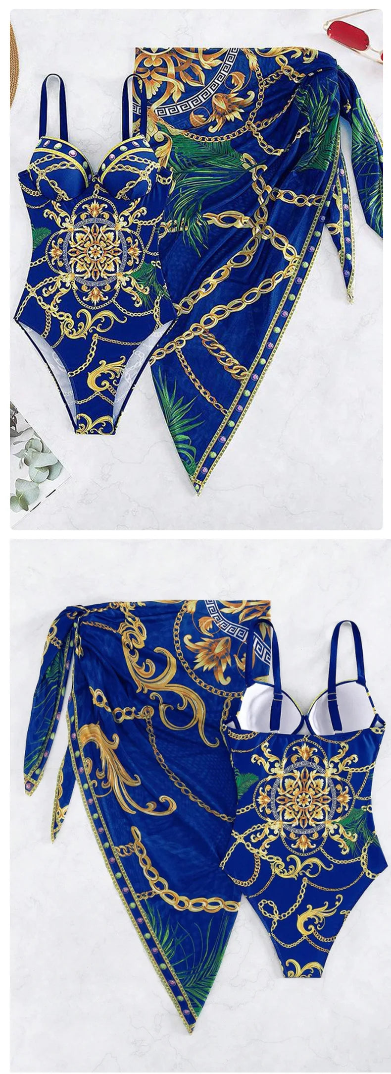 Underwire Women Sexy Swimsuit 2 Piece Swimwear Slim Monokini Chains Print Push Up Bikini Black Blue Green Beachwear Light Luxury