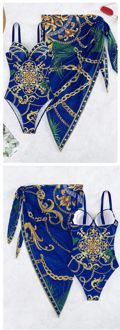 Underwire Women Sexy Swimsuit 2 Piece Swimwear Slim Monokini Chains Print Push Up Bikini Black Blue Green Beachwear Light Luxury