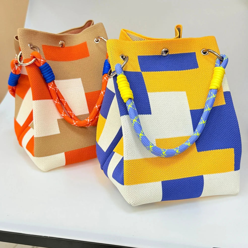 Women's Color Block Knit Tote Bag Bucket Bag Storage Bag with Adjustable Straps & Metal Rings Snap Closure for Casual Travel