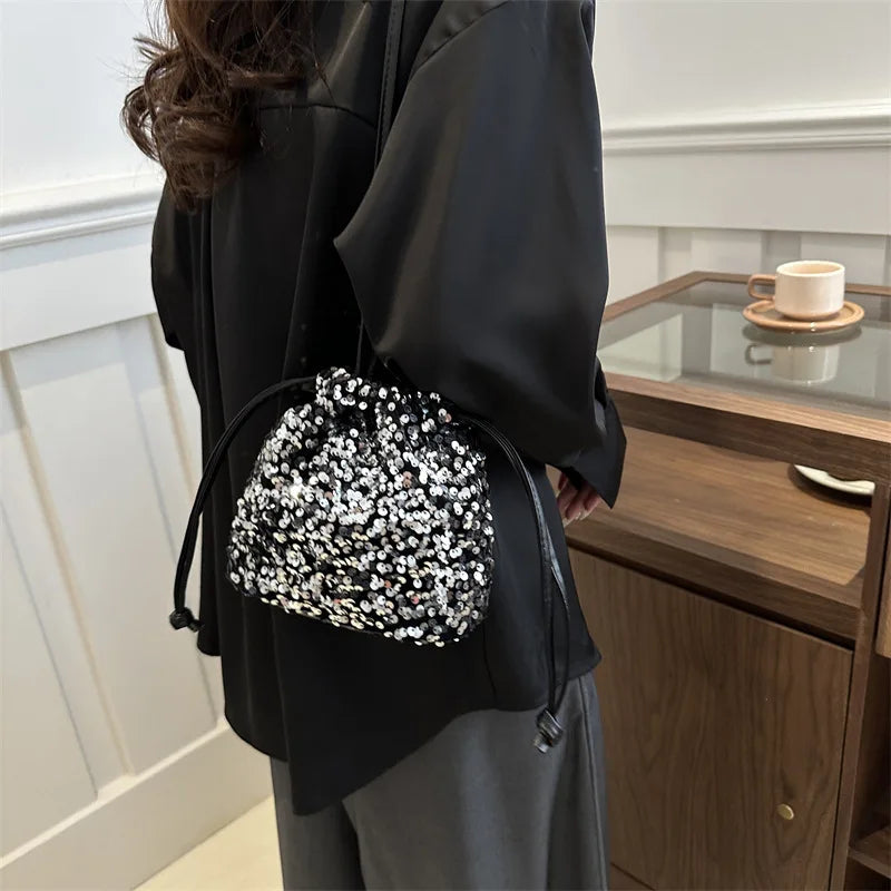 Shiny Sequin Drawstring Shoulder Bags for Women, Mini Crossbody Purse ,Sparkly Evening Handbag Suitable for Party Night Out