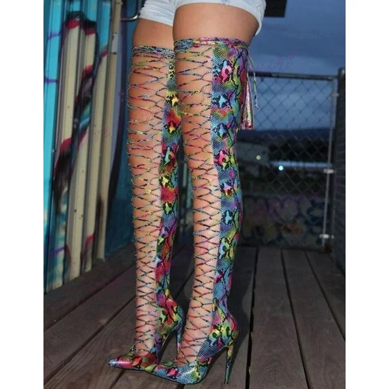 Snakeskin Cross Strap Cut Out Boots Over The Knee Pointy Toe Shoes for Women Thin High Heels Sexy Shoes 2025 Zapatos Para Mujere
